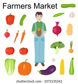 Farmer is holding a bag of vegetables. Set of vegetables on a white background: eggplant, onion, garlic, pepper, tomato, cucumber, carrots, cabbage, corn, beet. Hand drawing. Vector illustration.