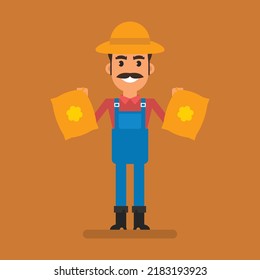Farmer holding bags of fertilizer and smiling. Flat people. Vector Illustration