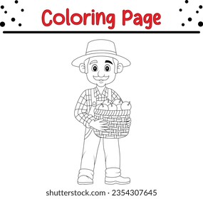 farmer holding basket apples coloring page for children. coloring book, vector illustration.