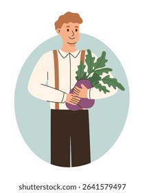 Farmer holding basket with beets. Organic farm products. Flat vector illustration.