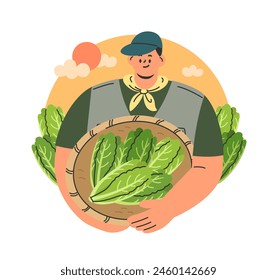 Farmer holding basket with cos lettuce. Farming and agriculture concept. Work and harvest. Flat cartoon style vector illustration isolated on white background