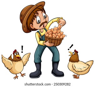 A farmer holding a basket of eggs on a white background