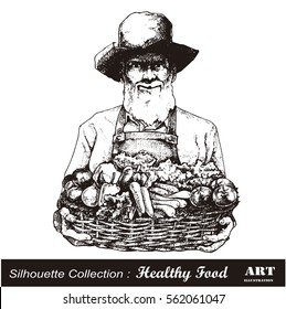 Farmer holding a basket of fresh vegetables.Vector illustration.