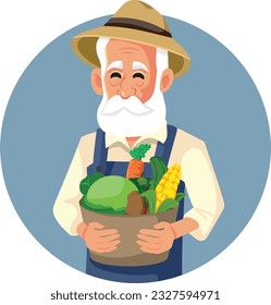 
Farmer Holding a Basket of Freshly Harvest Vegetables Vector Character. Cheerful grandpa having fun harvesting his own freshly grown crop
