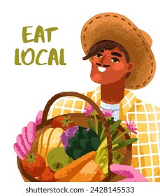 Farmer holding basket with harvest, natural organic farm vegetables. Happy man in hat with local agriculture products, fresh season fruits in hands. Card background design. Flat vector illustration