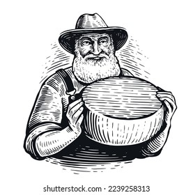Farmer holding big head of cheese in hands. Milk farm concept. Dairy natural organic food. Vintage vector illustration