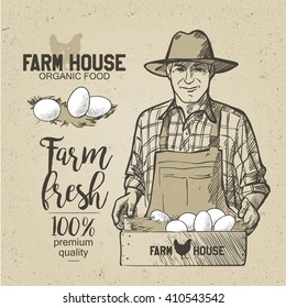 Farmer holding a box of food. Organic food. Eggs. Natural Products.