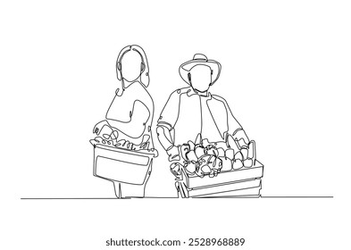 Bauer-Holding-Box mit voller Gemüse kontinuierliche einzeilige Zeichnung. Einzeilige Kunst der Landwirtschaft und Ernte Illustration. Bearbeitbarer Vektor.