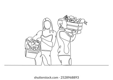 Granjero que sostiene la caja con el dibujo continuo de una línea lleno de verduras. Ilustración de arte de una sola línea de agricultura y cosecha. Vector editable.