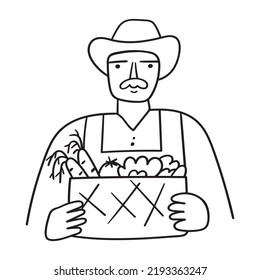 Farmer holding box with vegetables. Vector icon. Outline illustration on white background.