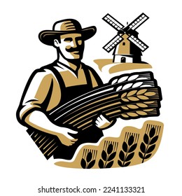 Farmer holding bunch of wheat. Bread flour logo. Agriculture, farm organic food emblem. Design element for bakery shop