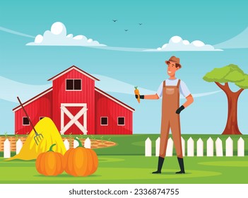 farmer holding carrots by the side of 2 large pumpkins in front of the barn