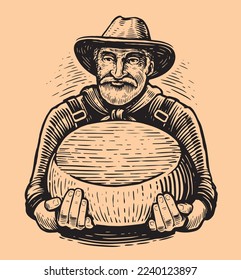 Farmer with holding cheese round. Dairy natural organic food. Milk farm concept. Vintage sketch vector illustration