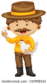 Farmer holding chicken and egg illustration