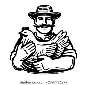 Farmer holding chicken logo. Poultry farm, organic food emblem. Hand drawn black and white vector illustration