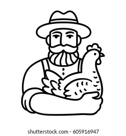 Farmer holding chicken logo. Vintage style hand drawn illustration.