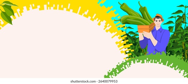Farmer holding crate of Anaheim pepper or California pepper or Magdalena pepper. Harvest season. Rectangular banner. Isolated vector illustration.