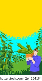 Farmer holding crate of Anaheim pepper or California pepper or Magdalena pepper. Harvest season. Vertical banner. Isolated vector illustration.