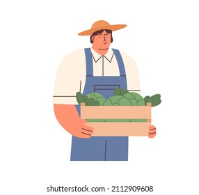 Farmer holding crate of fresh vegetables. Happy farm worker with organic harvest in wood box. Smiling man with cabbage veggie, portrait. Flat vector illustration isolated on white background