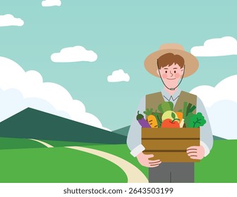 Farmer Holding a Crate of Freshly Harvested Vegetables