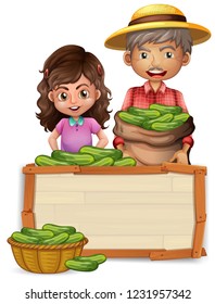 Farmer holding cucumber on wooden board illustration