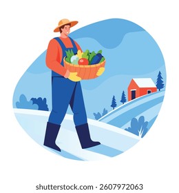 A farmer holding a food basket, flat style illustration