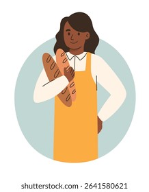 Farmer holding fresh baked goods. Flat vector illustration.