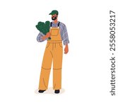 Farmer holding fresh green leaf, kale. Farm worker standing with leafy vegetables bunch. Organic natural eco produce, healthy harvest in hands. Flat vector illustration isolated on white background