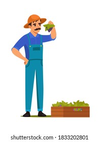 Farmer holding grapes in hand. Eating and drinking vector illustration. Growing grapes for producing wine in farm. Happy smiling man standing, holding branch.