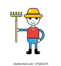 Farmer holding a green rake, vector icon isolated.