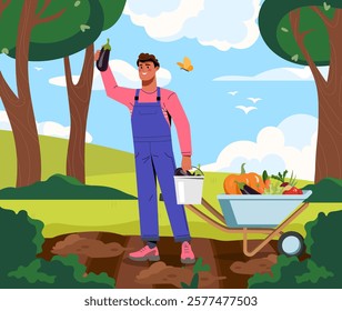 Farmer holding a harvested eggplant, standing by a wheelbarrow filled with fresh vegetables in a lush garden. Bright and colorful vector illustration