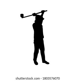 The farmer holding hoe on white background. Silhouette vector design. Dig, farm, gardener, agriculture.