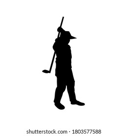 The farmer holding hoe on white background. Silhouette vector design. Dig, farm, agriculture, gardener.