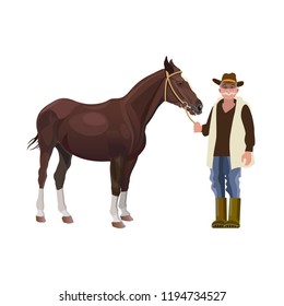 Farmer holding a horse by the bridle. Vector illustration isolated on white background