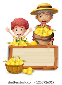 Farmer  holding lemon on wooden board illustration