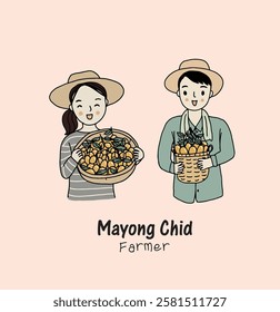 Farmer holding Marian Plum, Mayong Chid fruit, hand drawn style vector illustration.