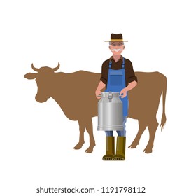 Farmer holding a milk churn against a silhouette of a cow. Vector illustration isolated on white background