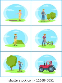 Farmer holding piglet isolated set vector. Woman sowing seeds in ground, tractor agricultural machinery. Man raking compost and watering plantation