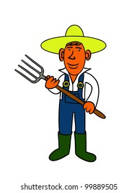 a farmer holding a pitchfork
