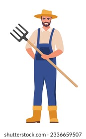 Farmer holding pitchfork in hand. Farmer standing with spade. Farming work, gardening. Agricultural worker with garden tool. Gardener, agronomist. Vector illustration