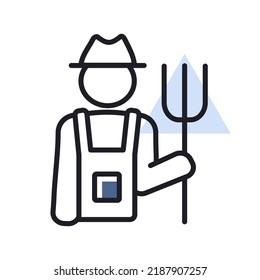Farmer holding pitchfork isolated vector icon. Graph symbol for agriculture, garden and plants web site and apps design, logo, app, UI