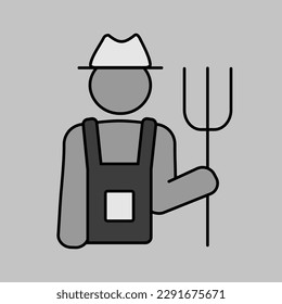 Farmer holding pitchfork isolated vector grayscale icon. Graph symbol for agriculture, garden and plants web site and apps design, logo, app, UI