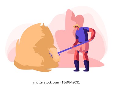 Farmer Holding Pitchfork and Sticking it into Haystack. Villager Male Character Work at Summertime in Village or Farm Harvesting and Raking Hay in Sheaf, Agriculture. Cartoon Flat Vector Illustration