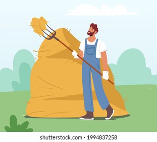 Farmer Holding Pitchfork and Sticking it into Haystack. Villager Male Character Work at Summertime in Village or Farm Harvesting and Raking Hay in Sheaf, Agriculture. Cartoon Flat Vector Illustration