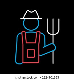 Granjero sosteniendo un vector de horquilla sobre un icono de fondo negro. Símbolo gráfico para agricultura, jardín y plantas sitio web y diseño de aplicaciones, logotipo, aplicación, interfaz de usuario