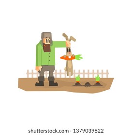 Farmer Holding Rabbit by Ears That Stole Carrot Cartton Vector Illustration