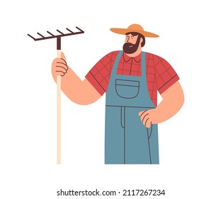 Farmer holding rakes portrait. Agriculture farm worker in straw hat. Agriculturist with tool in hand. Bearded country man, peasant. Flat vector illustration isolated on white background