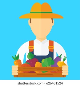 Farmer holding rich harvest in hands. Logotype for store of agricultural products, vegetable market, natural organic products. Flat vector cartoon illustration. Objects isolated on background.