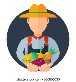 Farmer holding rich harvest in hands. Logotype for store of agricultural products, vegetable market, natural organic products. Flat vector cartoon illustration. Objects isolated on background.