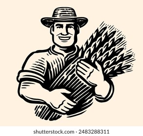 Farmer holding a sheaf of wheat. Agriculture vector illustration. Farm organic food emblem or logo